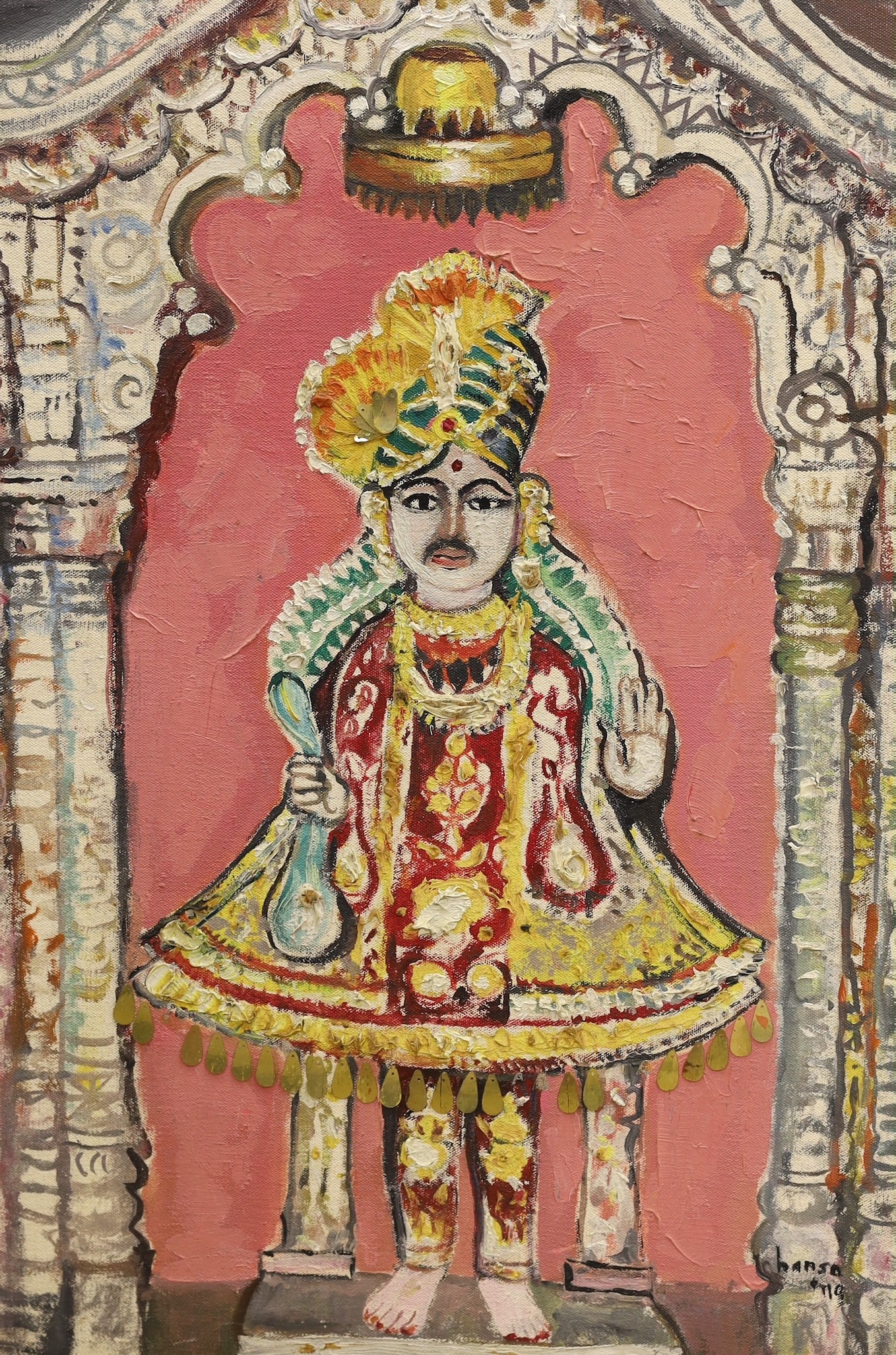 Hansa (Indian School), oil on canvas, Sequinned bridegroom, signed, 61 x 40cm